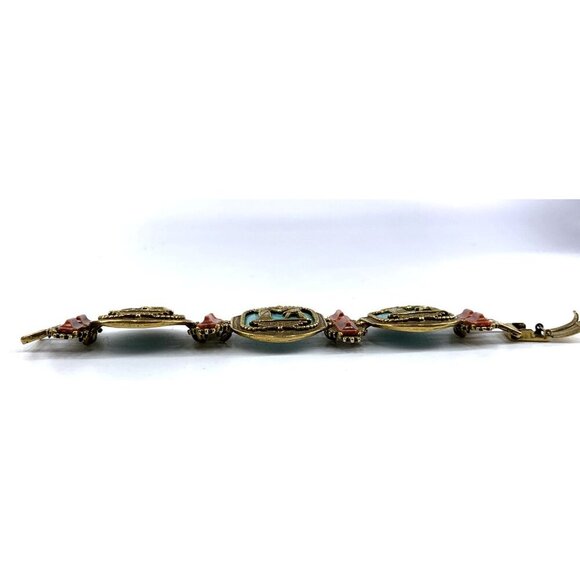 Egyptian Revival Bracelet 7" Unsigned Statement PIece Vintage Metal Plastic - Picture 10 of 11